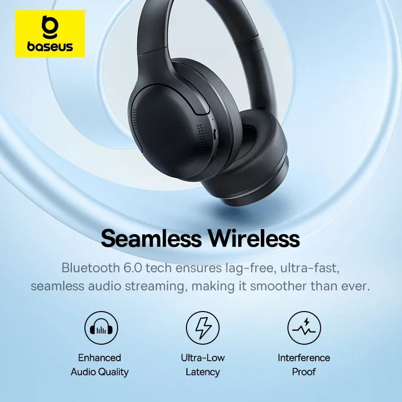 Baseus BH1 Lite Wireless Headphones Bluetooth 6.0 ENC Clear Call Headsets Super Bass Hit Earphones 80H Playtime Over Ear Headset