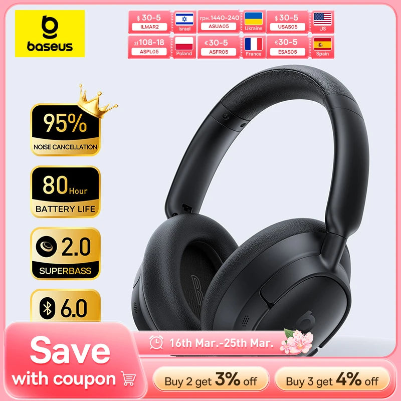 Baseus Bass BH1 NC Lite ANC Wireless Headphones 95% Noise Cancelling Headsets Headphone Bluetooth 6.0 80H Over Ear Earphones