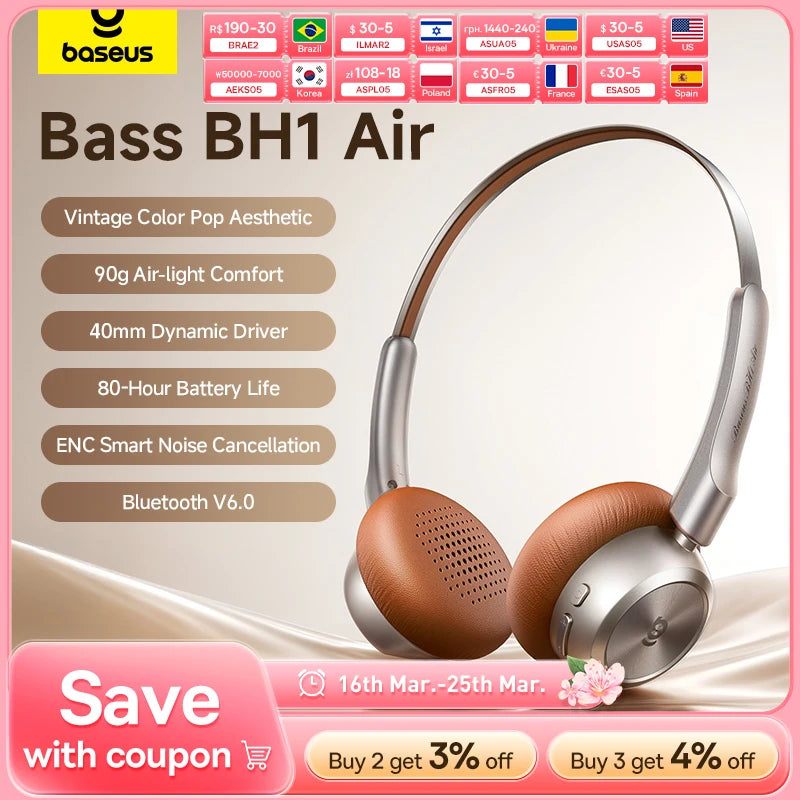 Baseus BH1 Air Wireless Headphones Bluetooth 6.0 ENC Noise Cancellation Lightweight 90g Over Ear Headset 80H Earphone