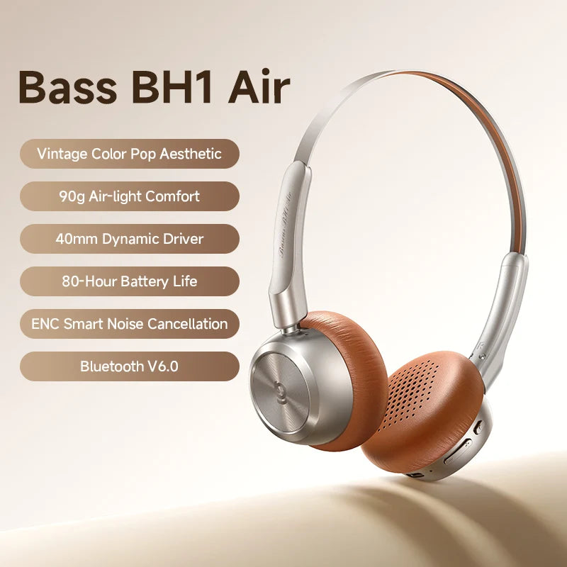 Baseus BH1 Air Wireless Headphones Bluetooth 6.0 ENC Noise Cancellation Lightweight 90g Over Ear Headset 80H Earphone
