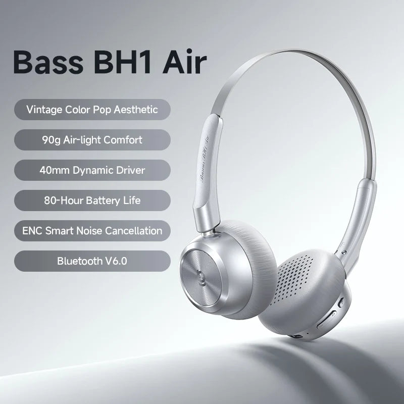 Baseus BH1 Air Wireless Headphones Bluetooth 6.0 ENC Noise Cancellation Lightweight 90g Over Ear Headset 80H Earphone